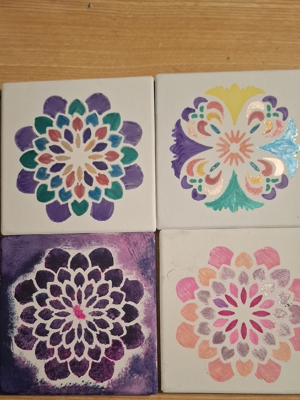 Hand Crafted Purple Teal Pink Floral Ceramic Tile Set